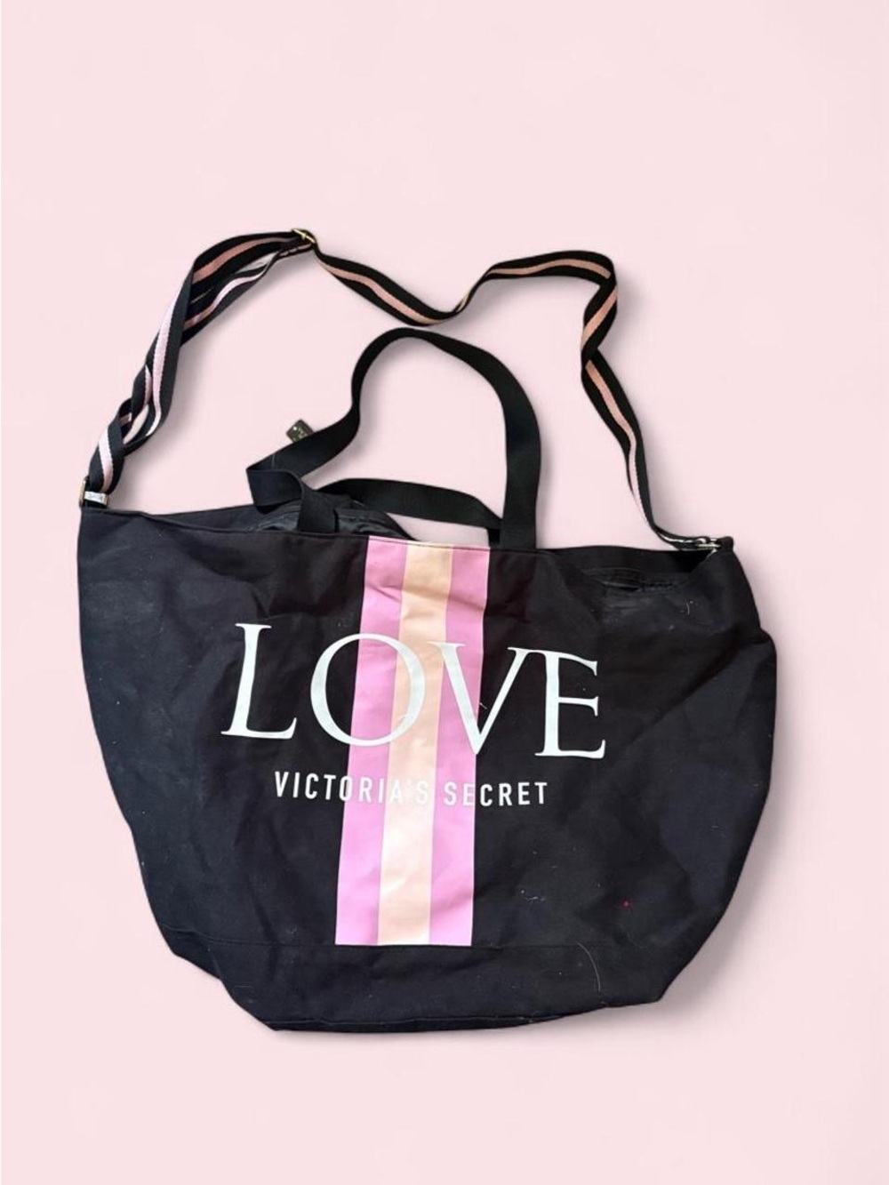 Victoria's Secret Black Tote with Pink & Cream Stripe